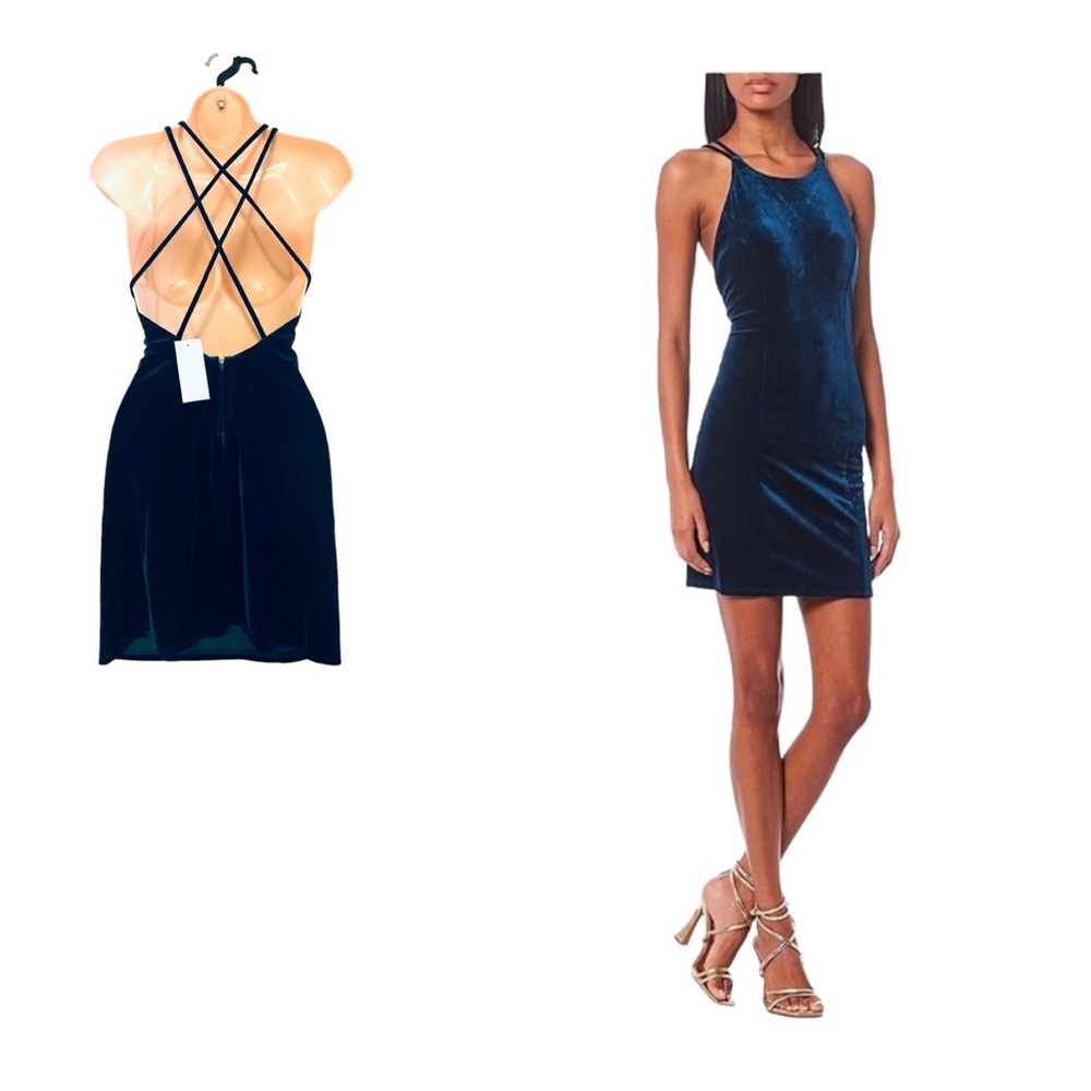 DEAR MOON Velvet Teal Blue Stretch Strappy Cocktail Party Prom Short Mini Dress